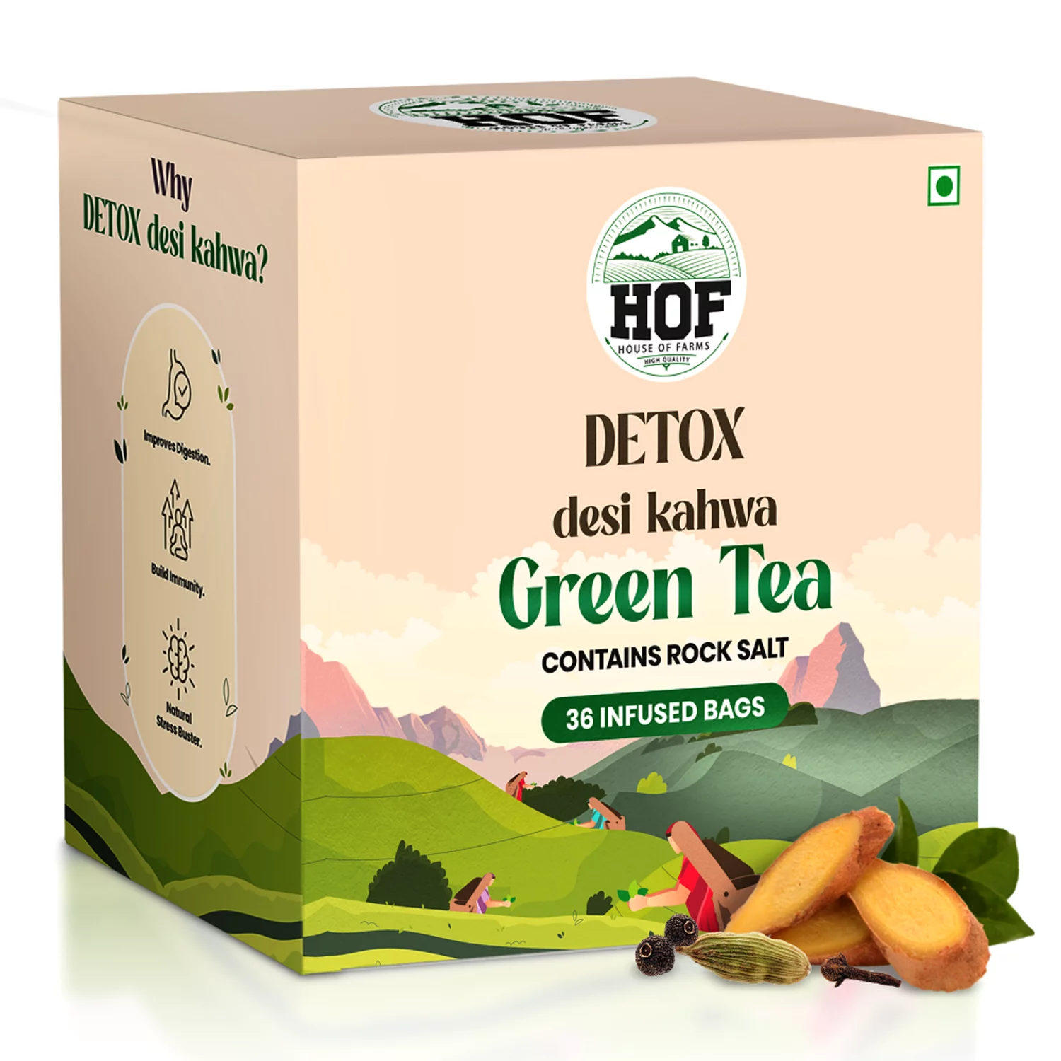 House of Farms 36 Detox Desi Kahwa Green Tea Infusion Bags (36 Sachets)