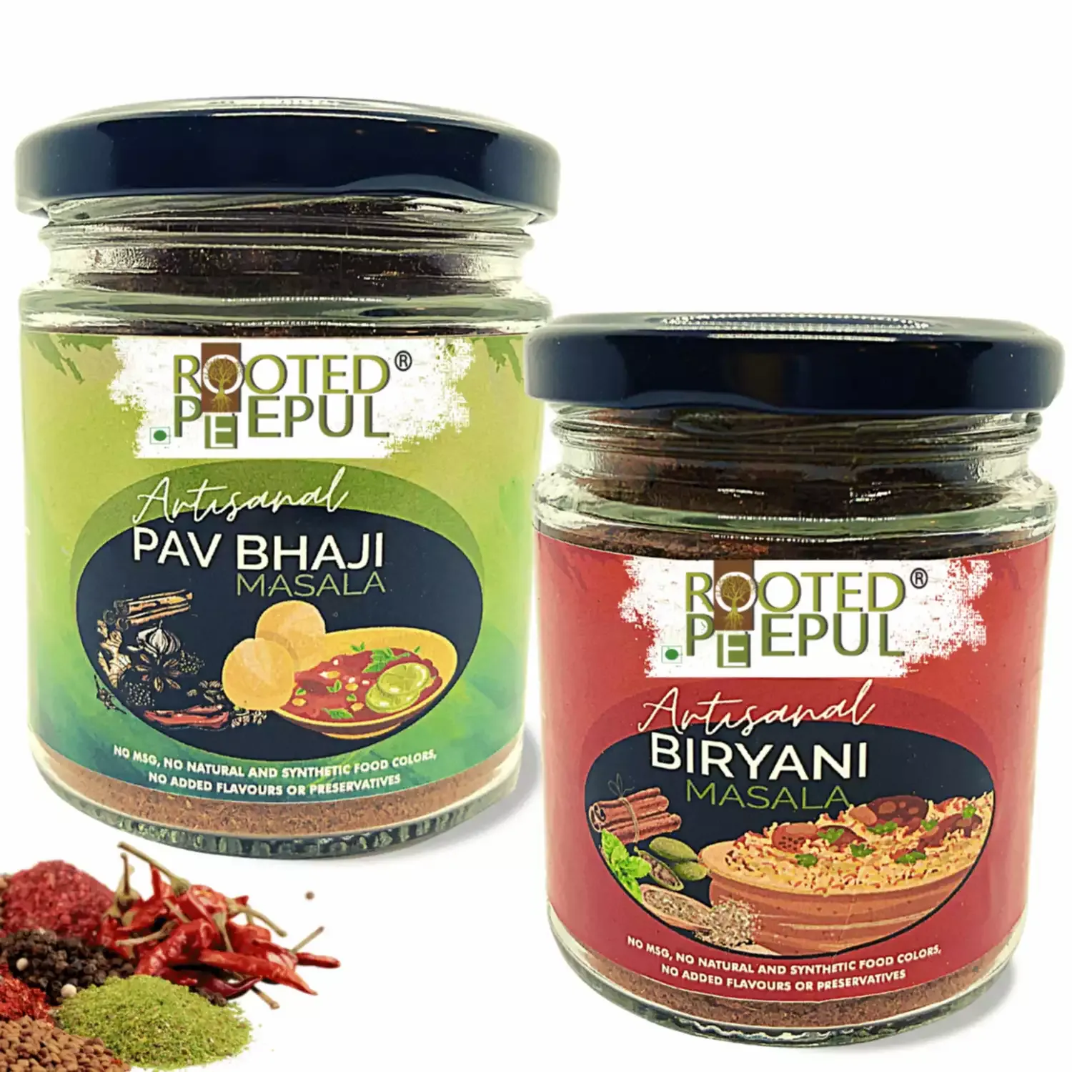 Rooted Peepul Artisanal Biryani Masala,Pav Bhaji Masala Combo (Less Chilli More Spice 75g x2)