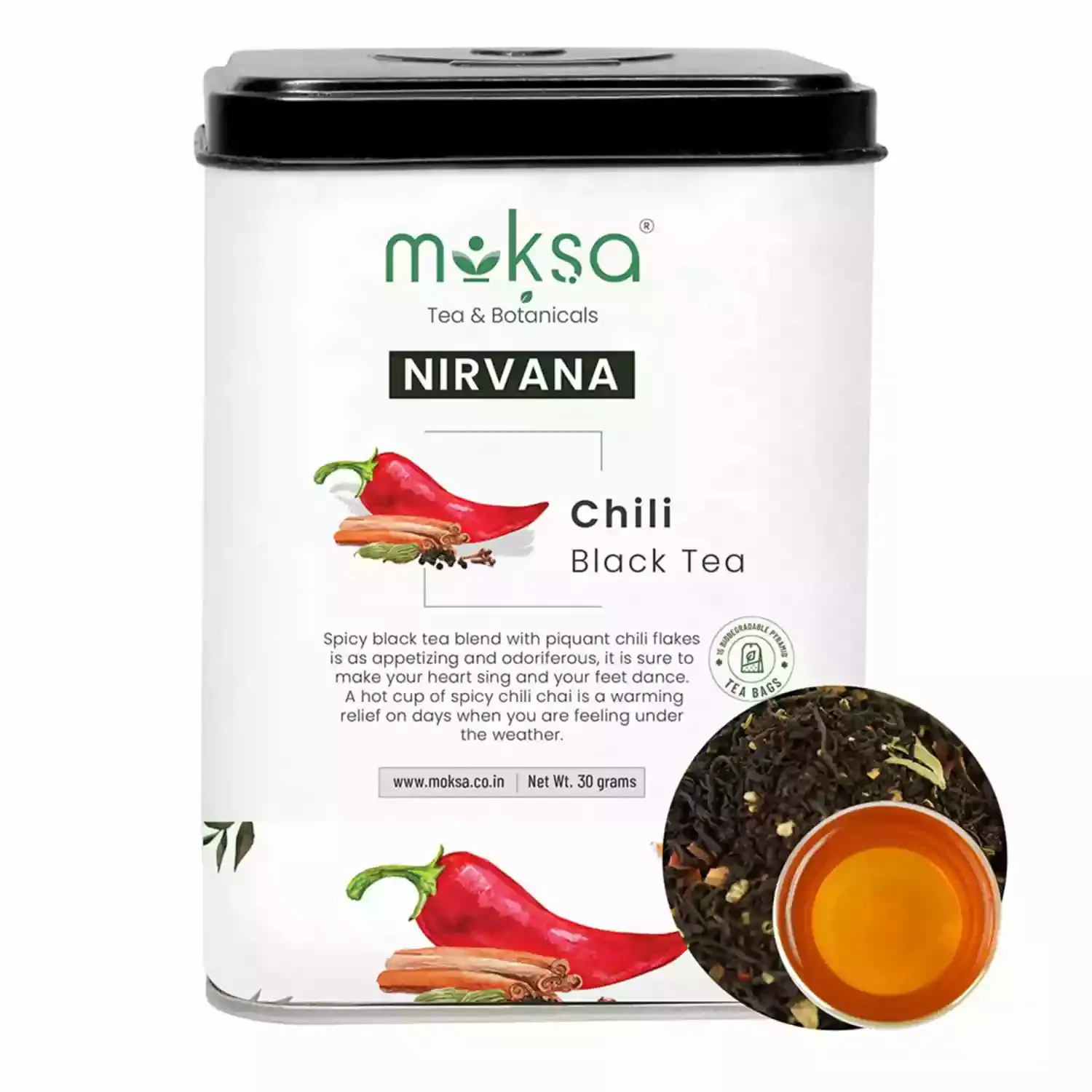 MOKSA Chili Chai Black Red Chilli Flakes Cloves Cinnamon Cardamom and Black Pepper 15 Tea bag 30g