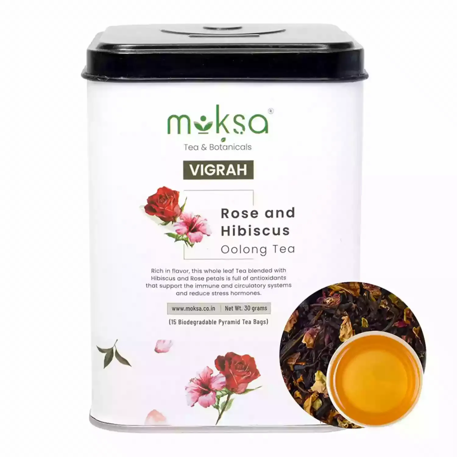 Moksa Oolong Tea Blended with Hibiscus and Dried Rose Petals 15 Biodegradable Pyramid Tea Bags 30 Gm