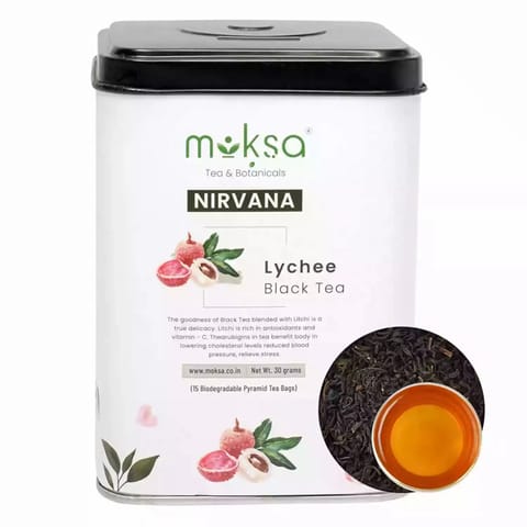 MOKSA Tea BOTANICALS Luxury  Pure Lychee Black Tea Leafs15 Biodegradable Pyramid Tea Bags 30GMS