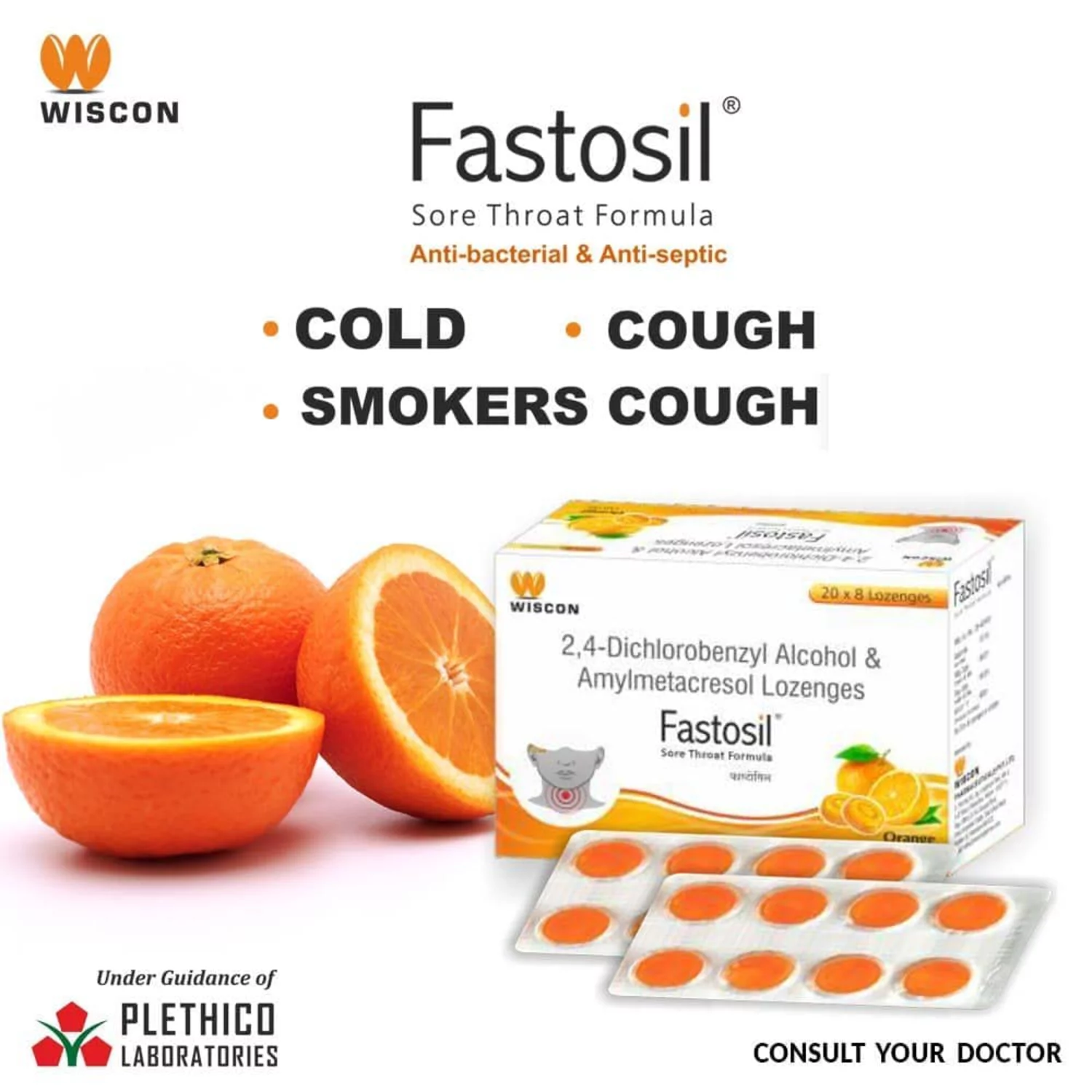 Fastosil Lozenges Orange Flavour | 8X20 Lozenges | Quick Relief from Sore Throat |160 Lozenges