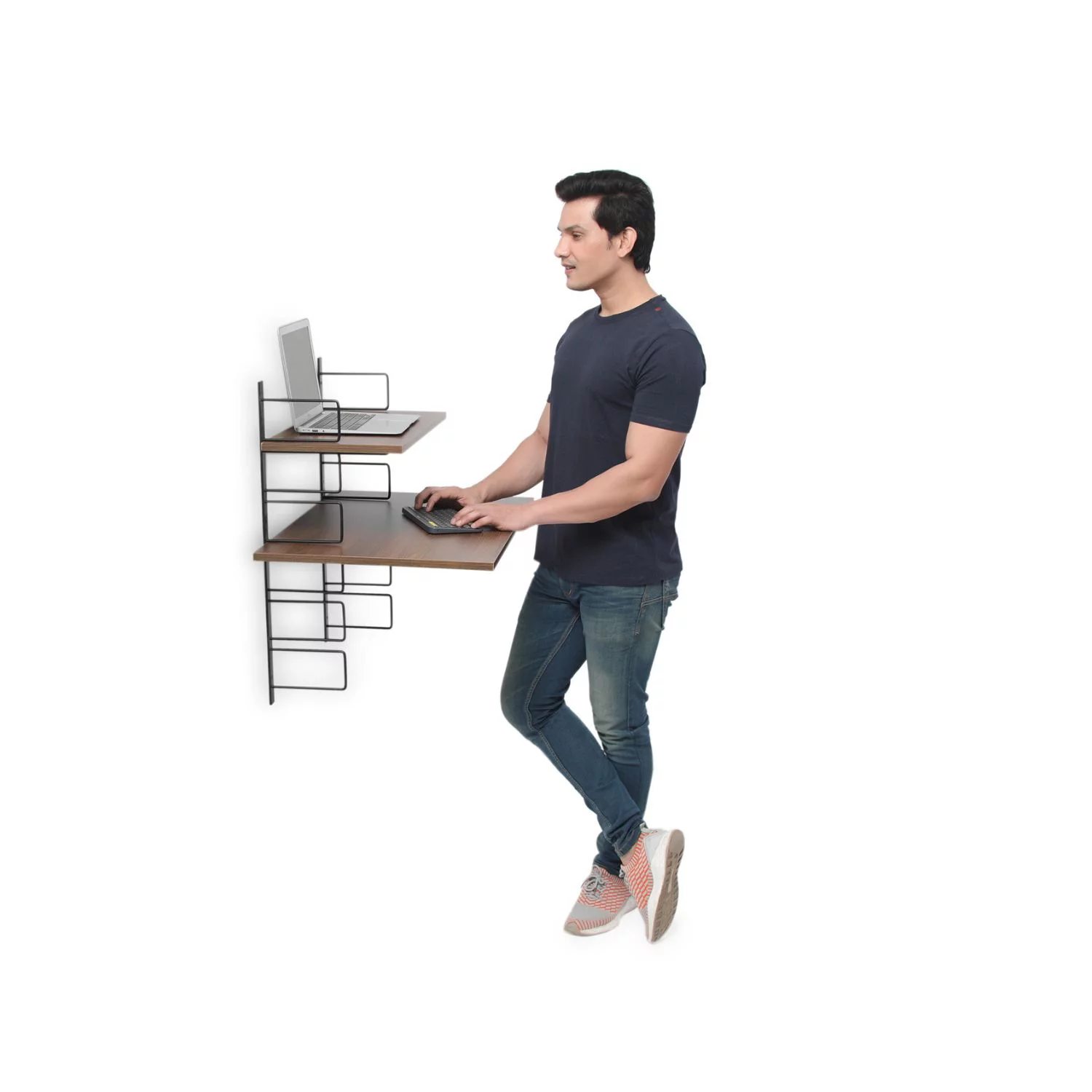 FITIZEN Rack Ergonomic | Height Adjustable | Wall Mounted | Sit-Stand Desk Range from 60cm to 130cm | Easy Installation| 78 x 46 cm Keyboard Tray  (White & Urban Teak)