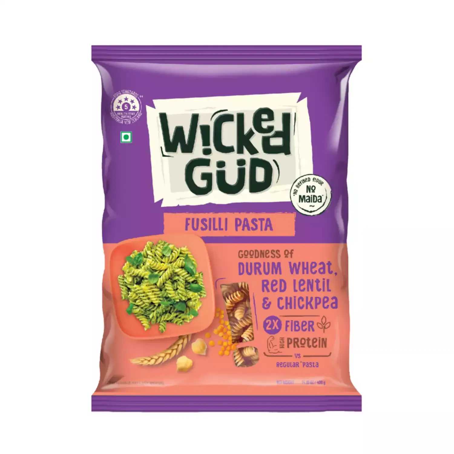 WickedGud Fusilli Pasta Made with Durum Wheat (400gm x 2)