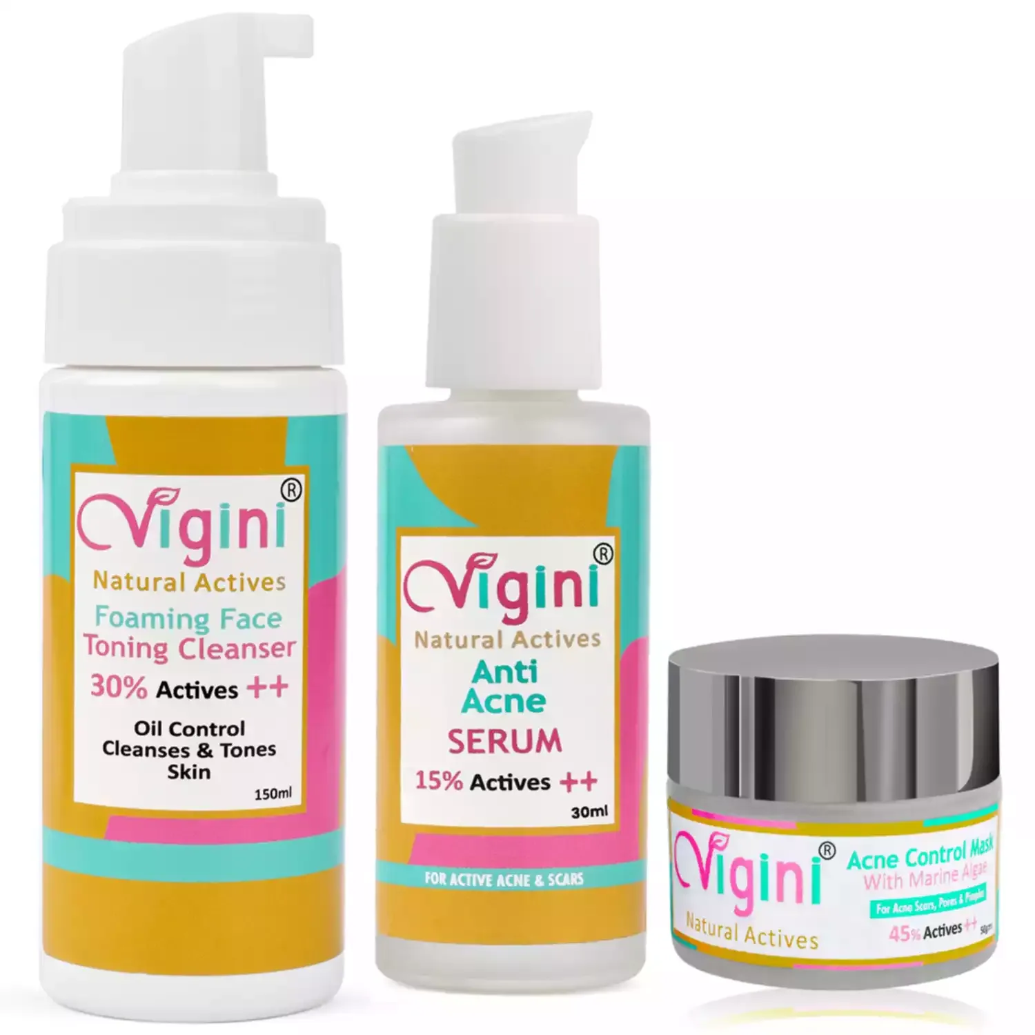 Vigini Anti Acne Foaming Toning Cleansing Wash, Face Serum, Marine Algae Clay Mask Control Oil