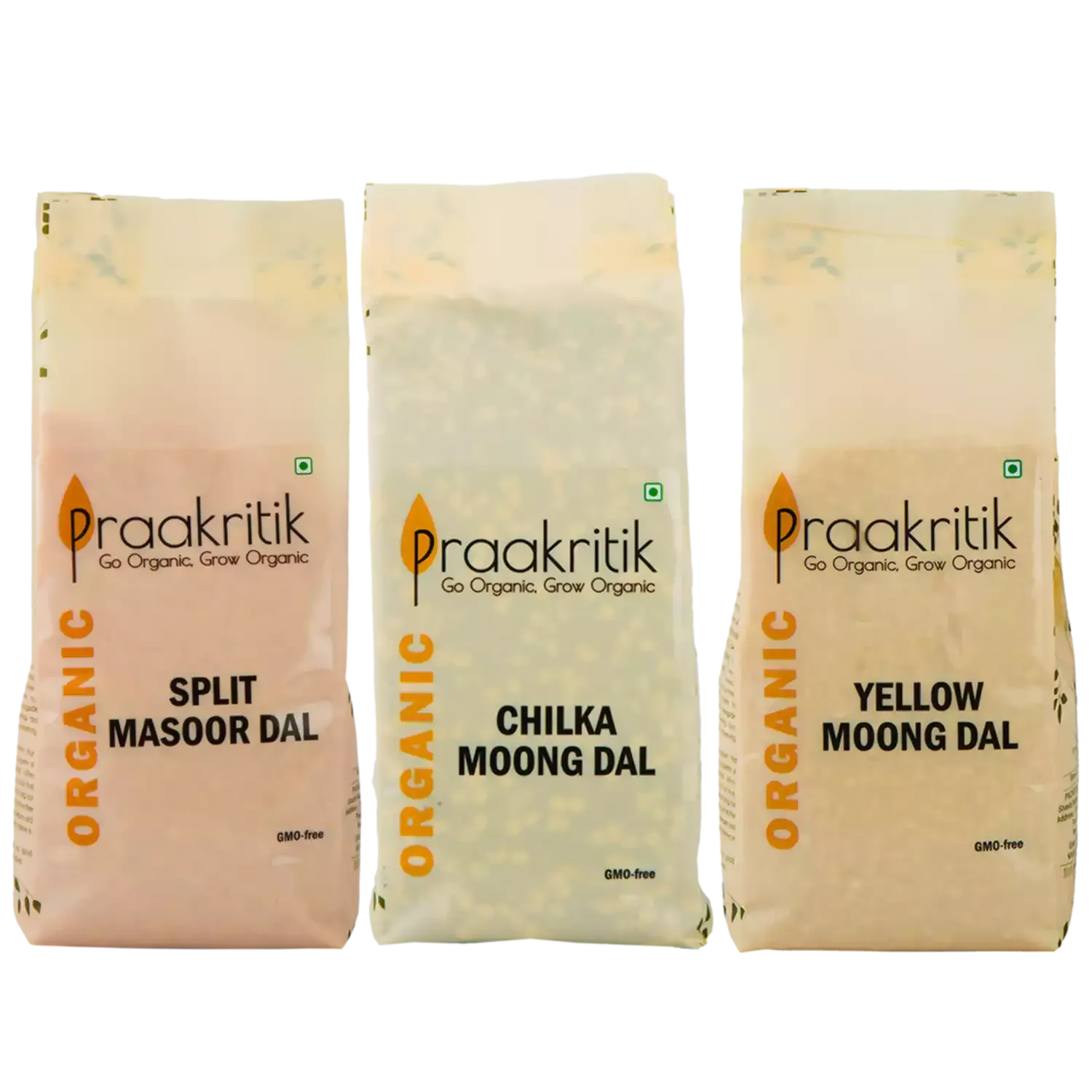 Praakritik Organic Combo of dals (Yellow Moong, Split Masoor, Chilka Hara Moong) 500 G Each