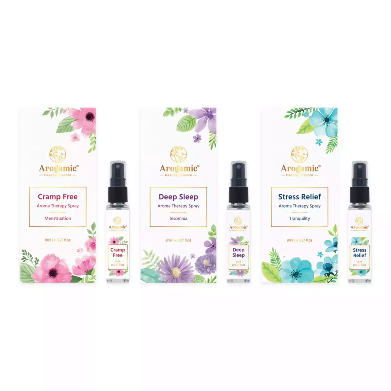 Arogamic Cramp Free 8ml, Deep Sleep 8ml and Stress Relief 8ml Aromatherapy Sprays (Combo Pack of 3)