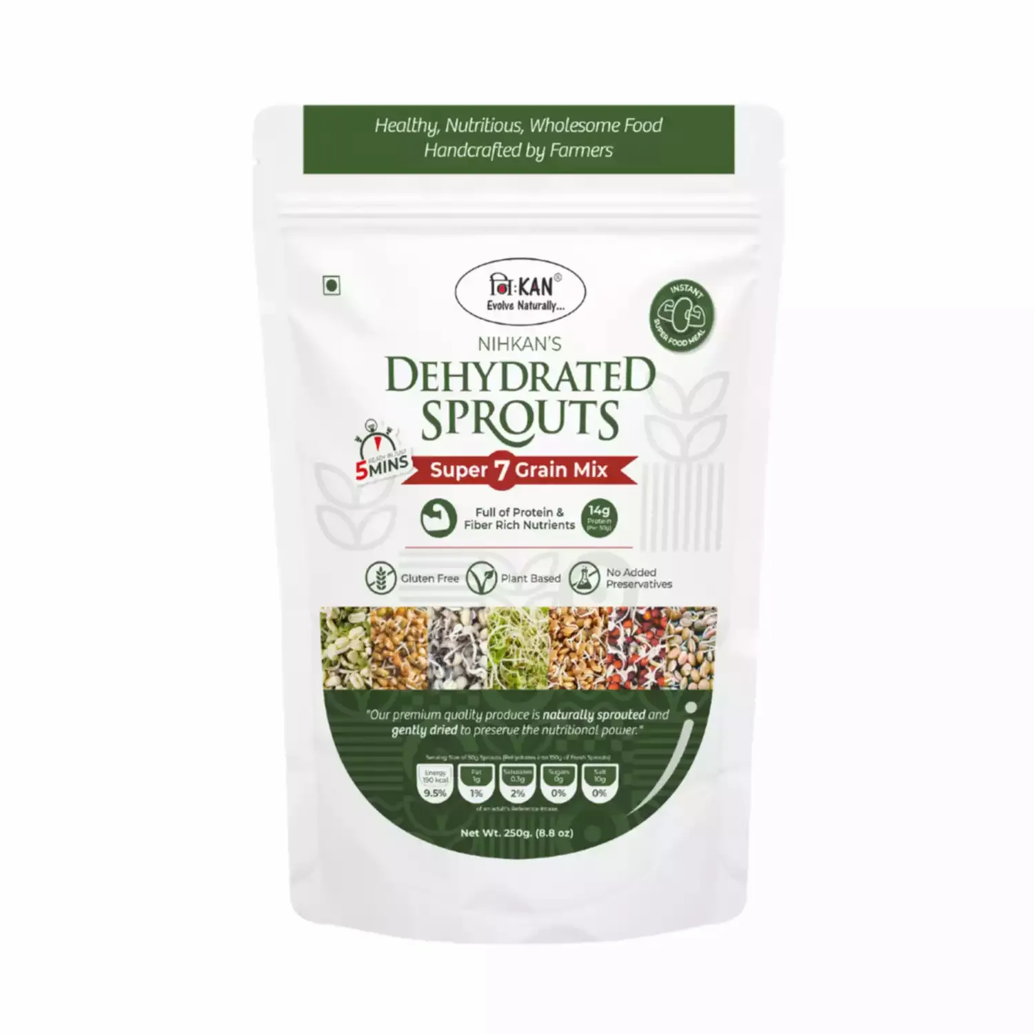 NIHKAN Instant Dehydrated Sprouts - 250g - Super 7 Grain Mix - Ready in 5 mins.