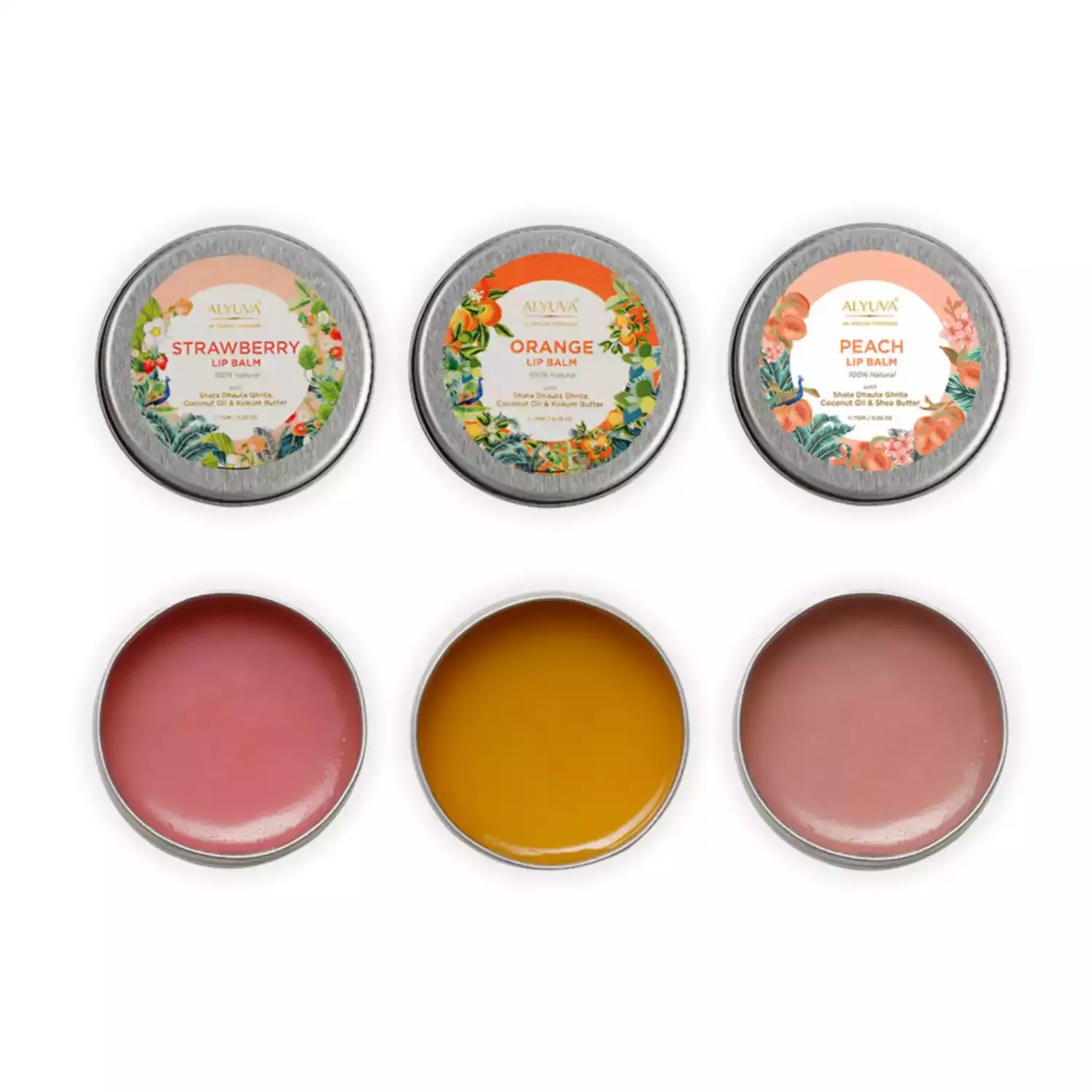 Alyuva Combo of Ghee Enriched 100% Natural Strawberry, Orange & Peach Lip Balms, 7gms Each