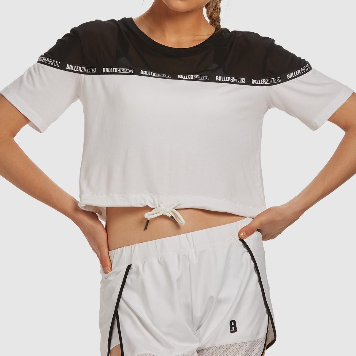 Baller Athletik Sheer Shoulder Crop Tee - Black and White