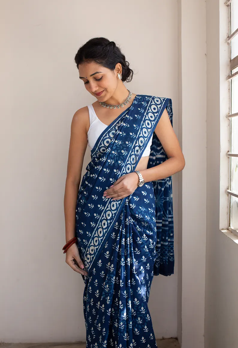 Moora Bombay Indigo - Dabu Hand Block Print Mulmul Cotton Bagru Saree