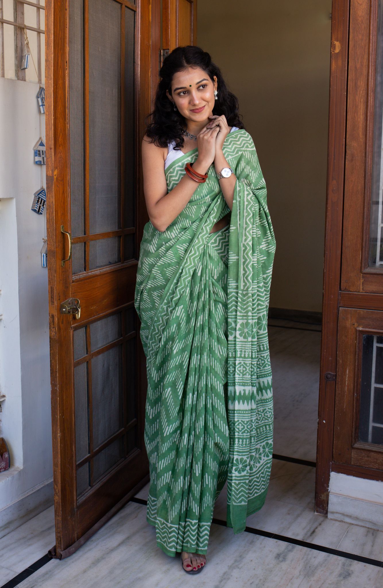 Moora Strangers in Bangalore - Light Green Dabu Block Print Mulmul Cotton Saree