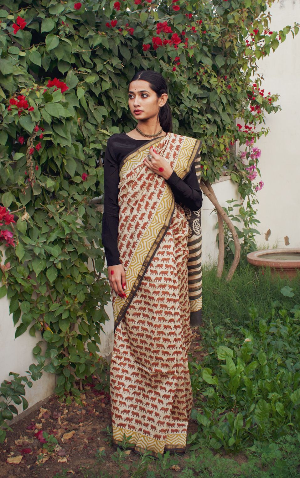 Moora Tigress - Beige Hand Block Print Chanderi Silk Saree