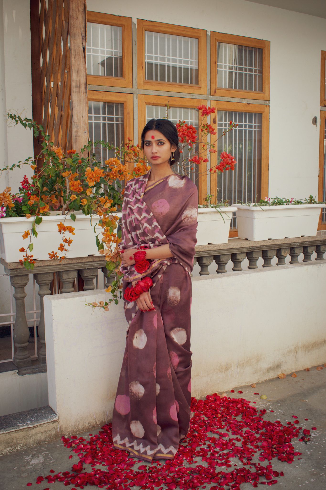 Moora Charu - Rose Taupe Dabu Hand Block Print Chanderi Silk Saree