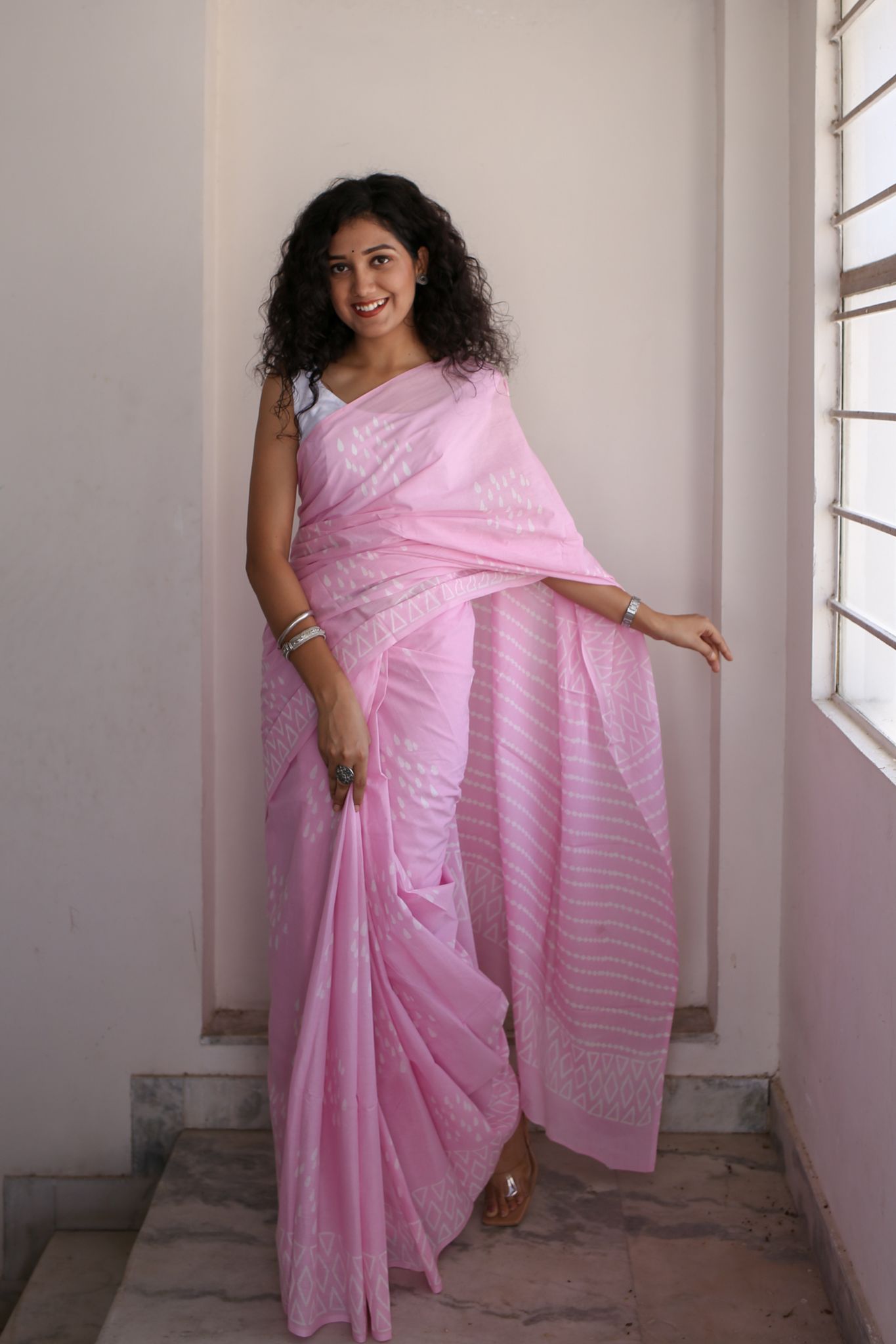 Moora Drizzle in Backyard - Pink Hand Block Print Mulmul Cotton Bagru Saree