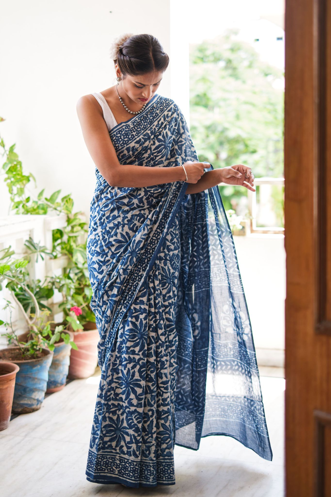 Moora Take Me Back to Benaras - Indigo Dabu Hand Block Printed Mulmul Cotton Bagru Saree