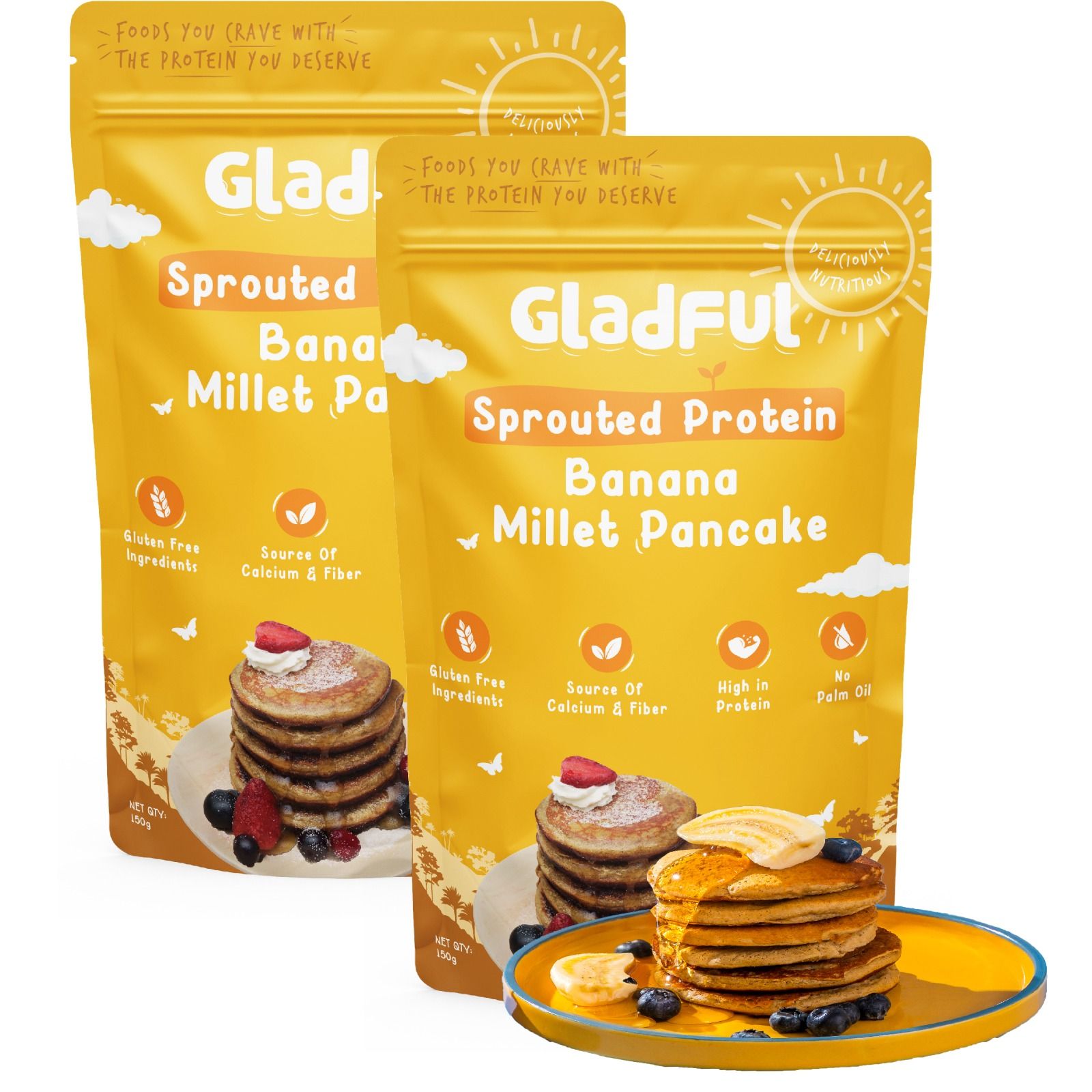 Gladful Sprouted Pancake Banana with Millet Lobia Masoor Protein for Kids & Families (Pack of 2, Each of 150 gms)