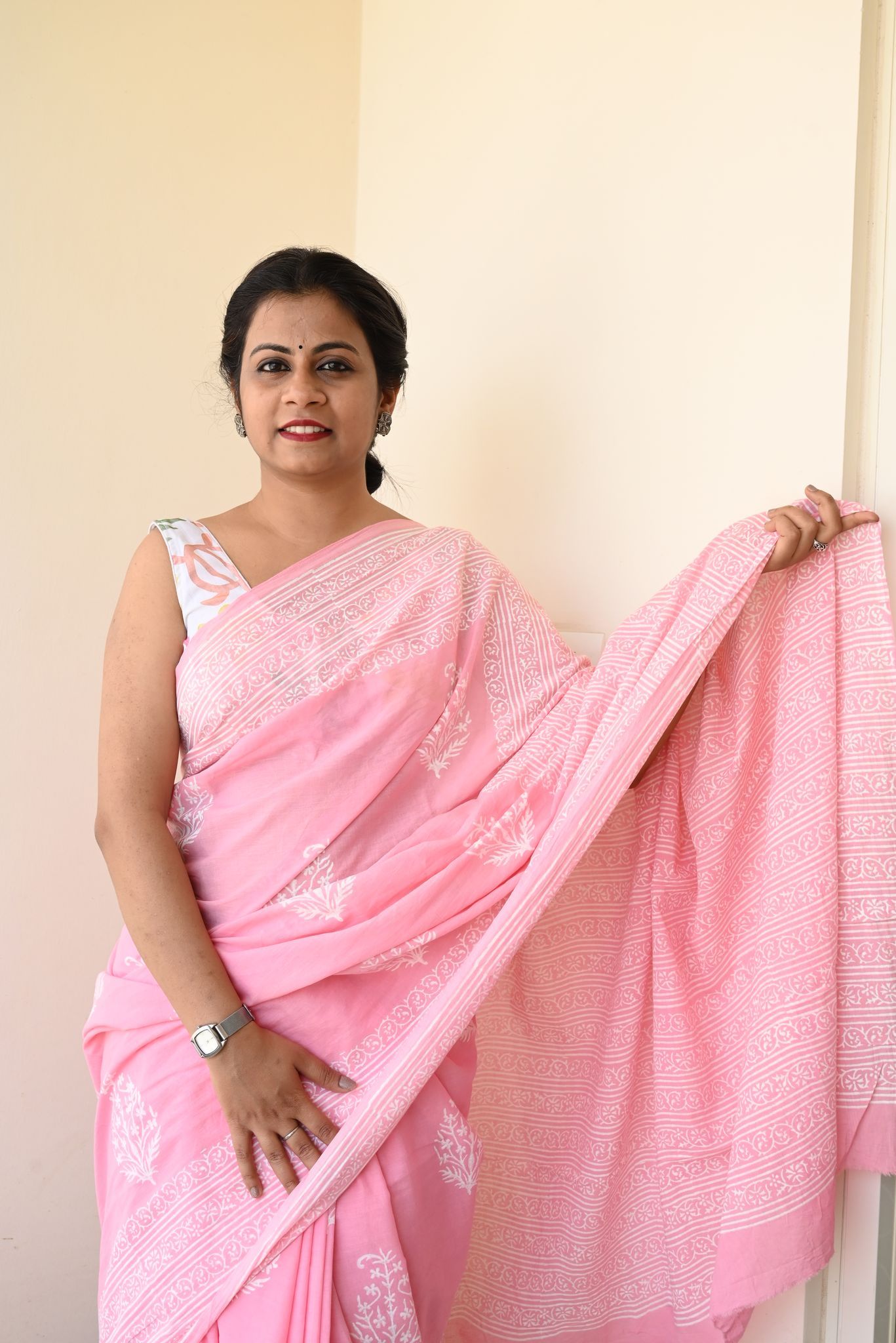 SainSisters Summer Vacation Collection - Rose Milk- Handblock Print Natural Dyed - Mulmul Cotton Saree