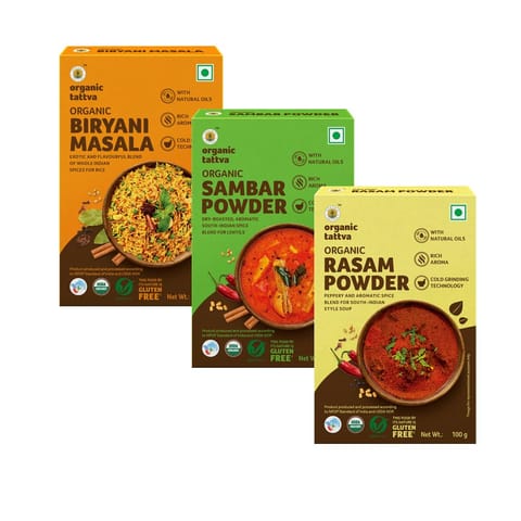 Organic Tattva, South-Indian Masala Combo (Sambhar Powder, Rasam and Biryani Masala) 100 gms | Rich in Flavors, Dry Roasted and Prepared from Whole Spices (Pack of 3)