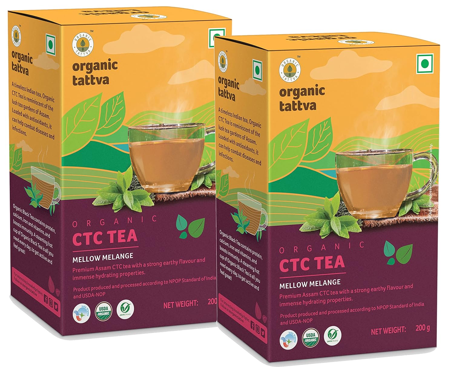 Organic Tattva Premium Assam CTC Black Tea (Chai) 400 gms| With Goodness of Protein, Calcium, Iron and Vitamins | Strong Earthy Flavour and Rich in Antioxidants | 200 gms Each
