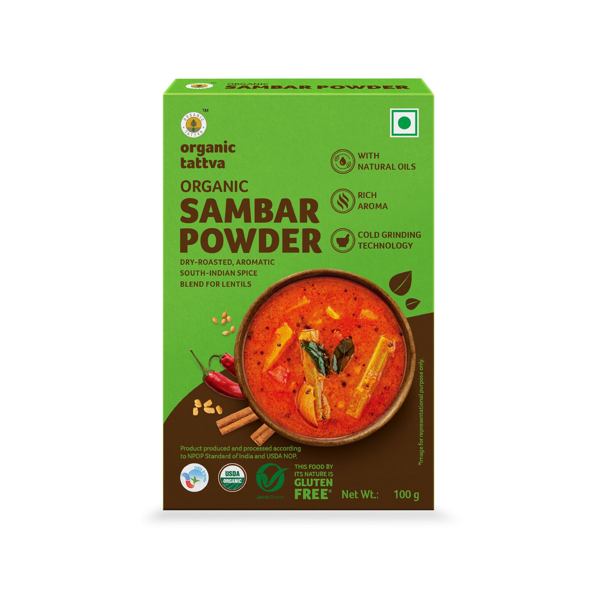 Organic Tattva, Organic Sambar Powder | Authentic South Indian Flavor |Pesticide and Chemical Free | With Natural Oils | Rich Aroma | Naturally Gluten Free (100 gms)