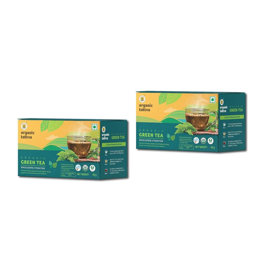 Organic Tattva, Organic Green Tea- 20 Tea Bags | For Immunity Boosting & Sore Throat Prevention | Contains Vitamin C and Antioxidants | Caffeine Free | (Pack of 2)