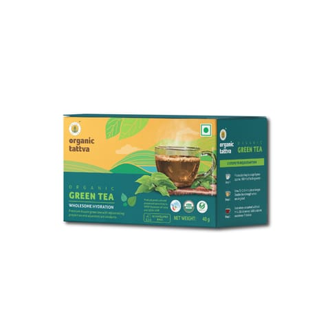 Organic Tattva, Organic Green Tea- 20 Tea Bags | For Immunity Boosting & Sore Throat Prevention | Contains Vitamin C and Antioxidants | Caffeine Free | (Pack of 2)