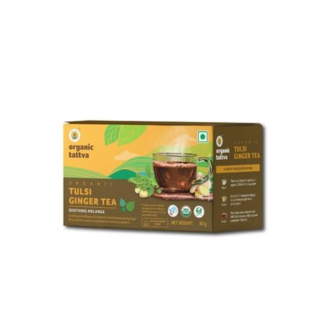 Organic Tattva, Organic Tulsi Ginger Tea -20 Tea Bags | For Immunity Boosting & Sore Throat Prevention | Contains Vitamin C and Antioxidants | Caffeine Free | (Pack of 2)