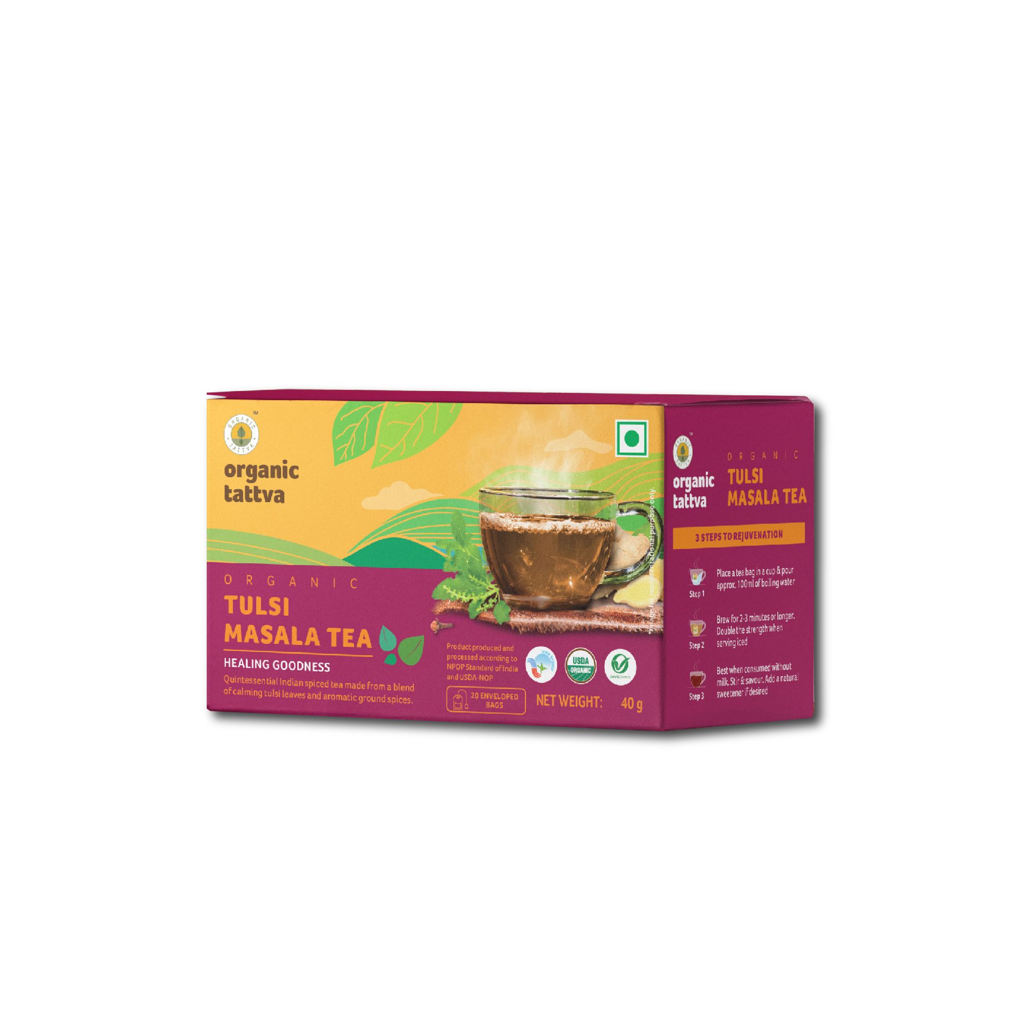 Organic Tattva, Organic Tulsi Masala Tea | For Immunity Boosting & Sore Throat Prevention | Contains Vitamin C and Antioxidants | Caffeine Free (20 tea bags)