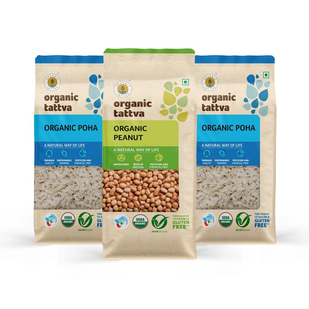 Organic Tattva - Organic White Poha Combo Pack (White Poha and Peanuts) 1.5 Kg (500 gms Each)