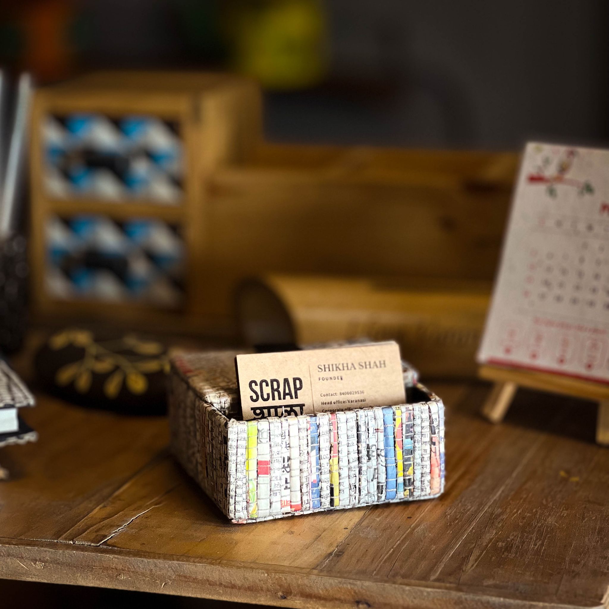 Scrapshala | Business Card Holder Box | Handloom Textile | Extra Storage Space | Upcycled Newspaper