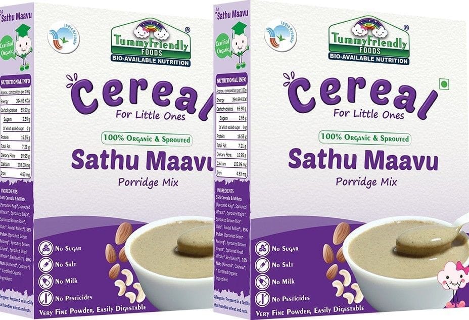 TummyFriendly Foods Certified 100% Organic Sprouted Sathu Maavu Porridge Mix ,Made of Sprouted Ragi, Whole Grains, Pulses & Nuts, Rich in Protein & healthy-Fat For Baby Weight Gain (Pack of 2)