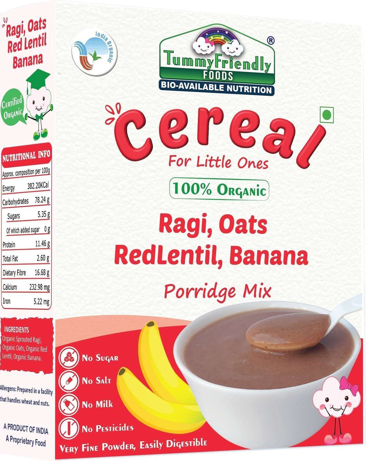 TummyFriendly Foods Certified 100% Organic Sprouted Ragi, Oats, Red Lentil, Banana Porridge Mix | Made of Sprouted Whole Grain Ragi, Oats | Rich in Calcium, Iron, Fibre & Micro-Nutrients |200 gms Cereal (200 gms)