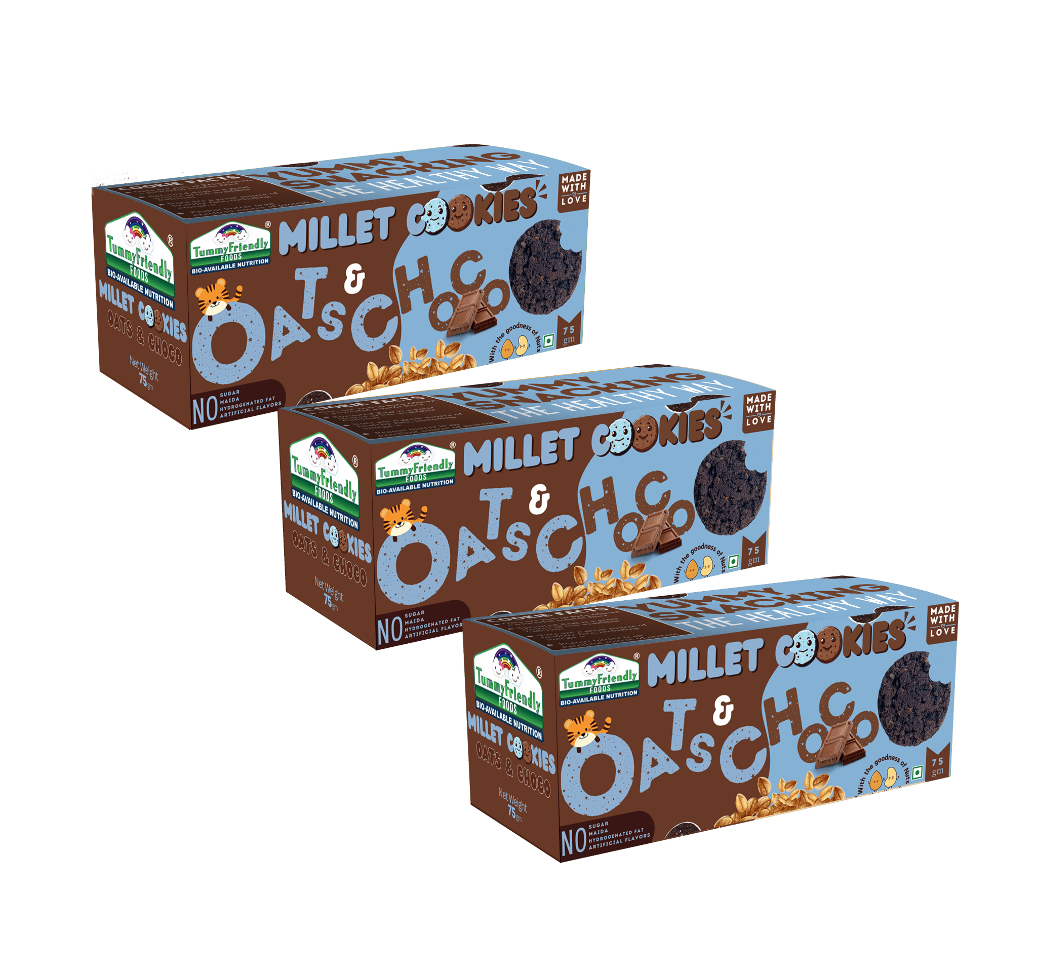 TummyFriendly Foods Millet Cookies - OatsChoco - 75 gms each. Healthy Ragi Biscuits, snacks for Baby, Kids & Adults (Pack of 3)