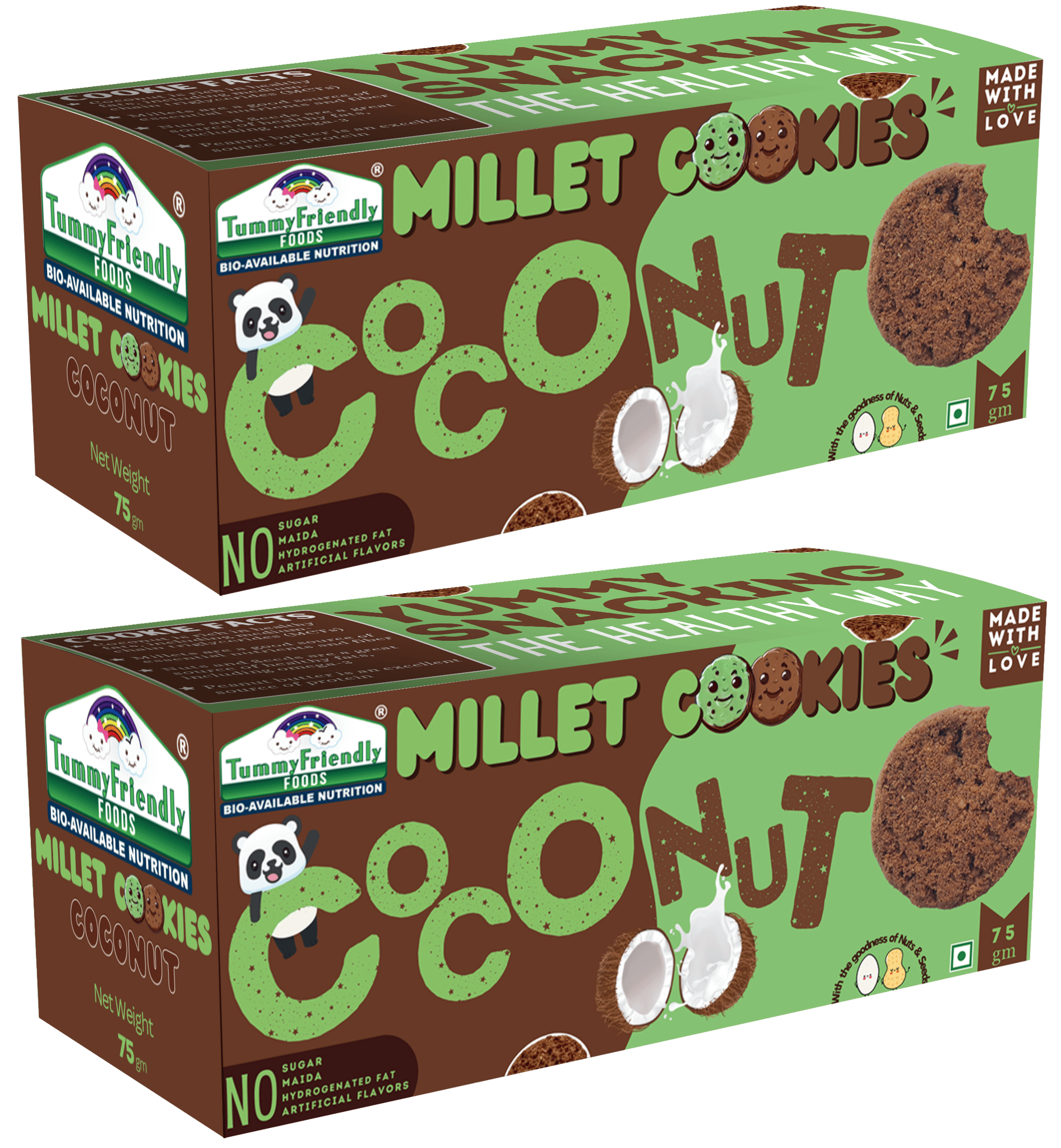 TummyFriendly Foods Millet Cookies - Coconut - 75 gms each. Healthy Ragi Biscuits, snacks for Baby, Kids & Adults (Pack of 2)