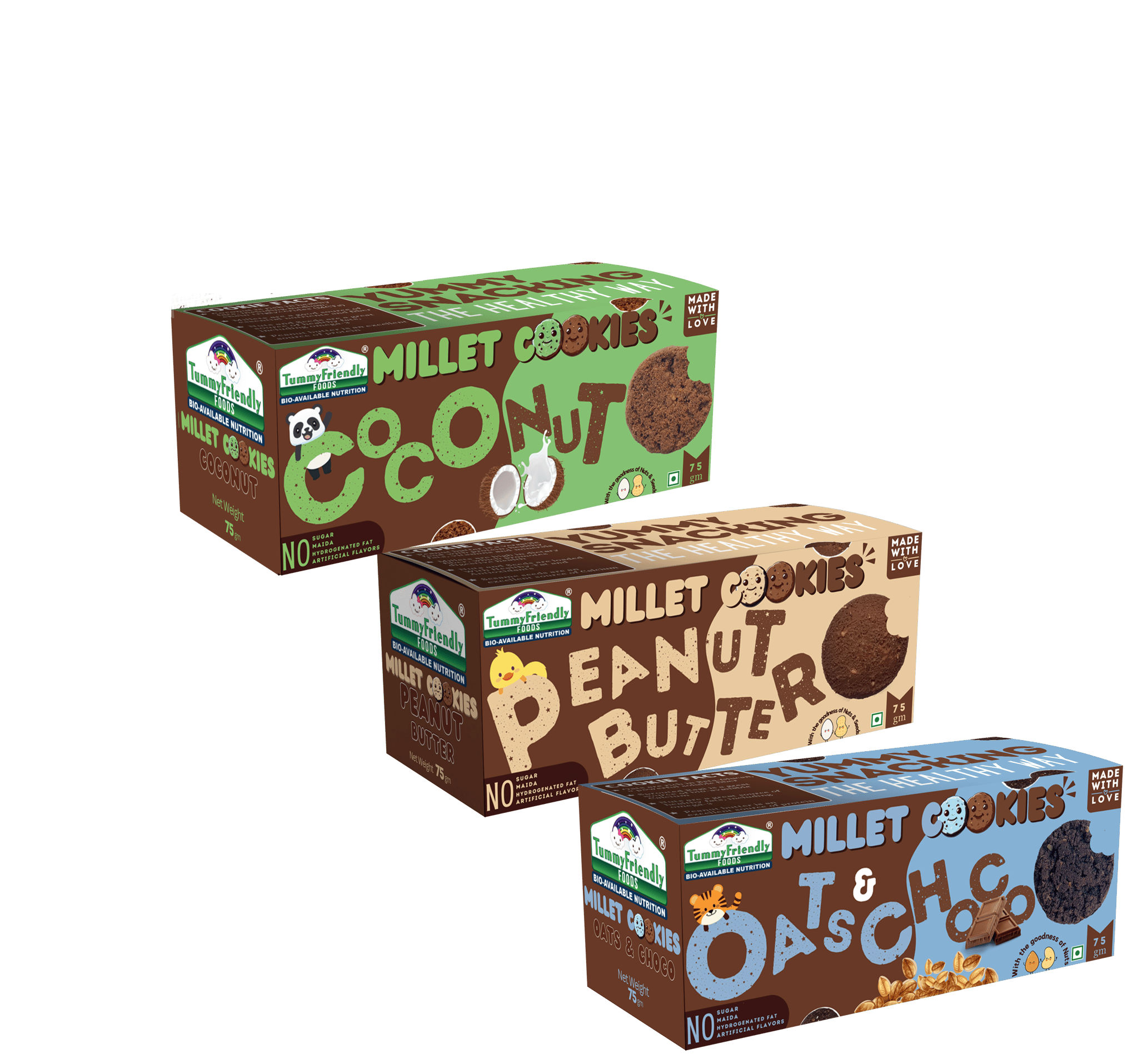 TummyFriendly Foods Millet Cookies - OatsChoco, Peanut Butter & Coconut- 75 gms each. Healthy Ragi Biscuits, snacks for Baby, Kids & Adults (Pack of 3)