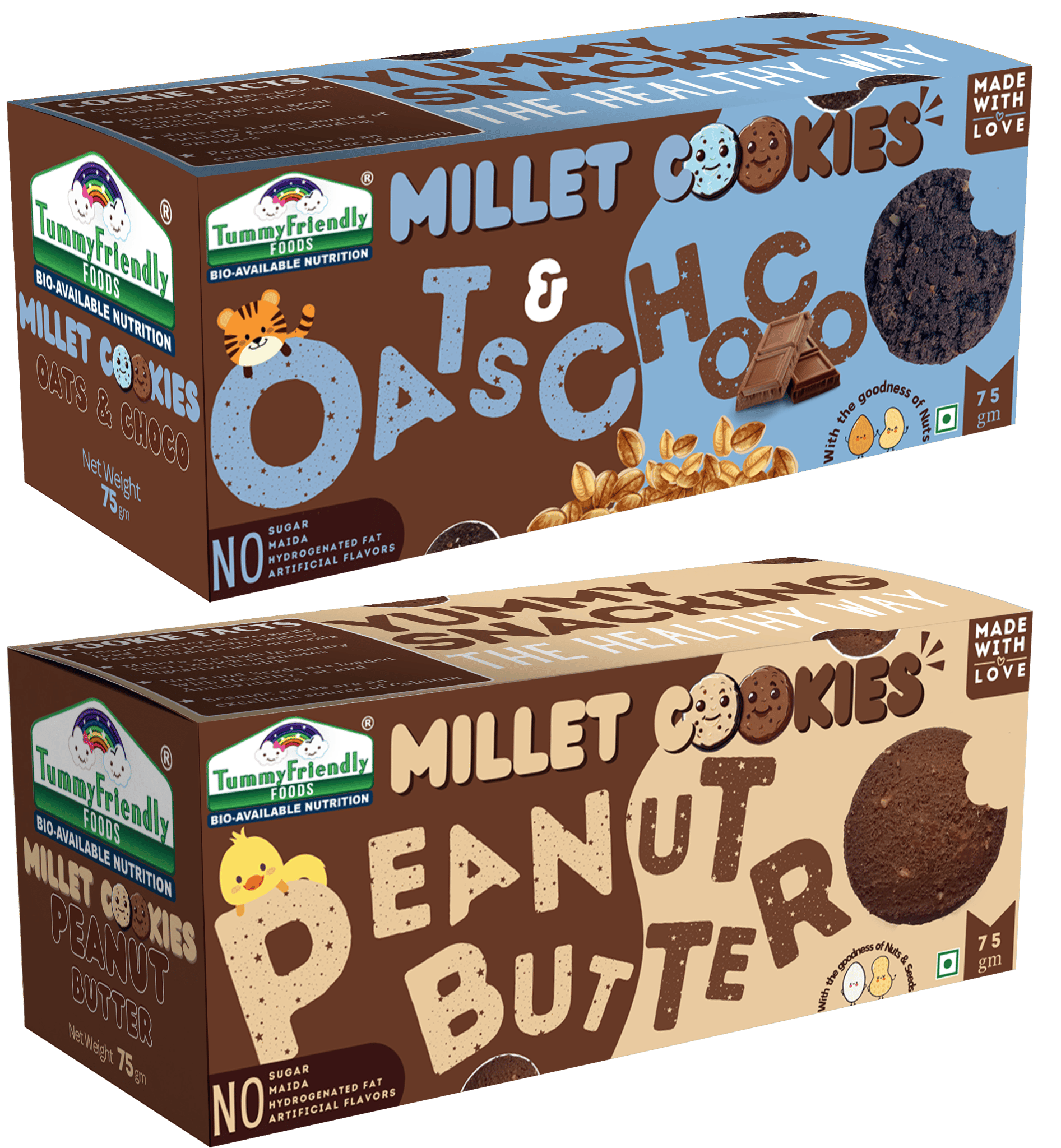 TummyFriendly Foods Millet Cookies - OatsChoco, Peanut Butter  - 75 gms each. Healthy Ragi Biscuits, snacks for Baby, Kids & Adults (Pack of 2)