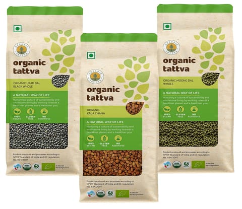 Organic Tattva, Organic Pulses / Dal Sprouts Combo (Kala Chana 1Kg, Green Moong Dal 1Kg and Urad Black Dal 500 gms) Whole/Sabut Dal Combo Pack | Rich in Protein |Naturally Gluten Free | Unpolished Dal | Pesticide and Chemical Free | (Pack of 3)