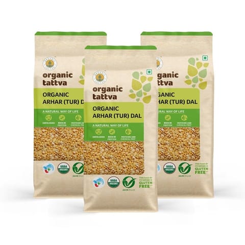 Organic Tattva, Organic Gluten Free and Unpolished Pulses/Dal Combo Pack (Toor/Arhar), Moong Yellow and Chana Dal), 3 Kg