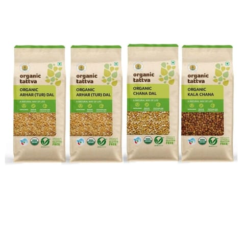 Organic Tattva, Organic Pulses/Dal Combo Pack (Toor/Arhar 2KG (1KG Each), Kala Chana 1KG and Chana Dal 1Kg) | Rich in Protein | Naturally Gluten Free and Unpolished Dal | (Combo of 4)