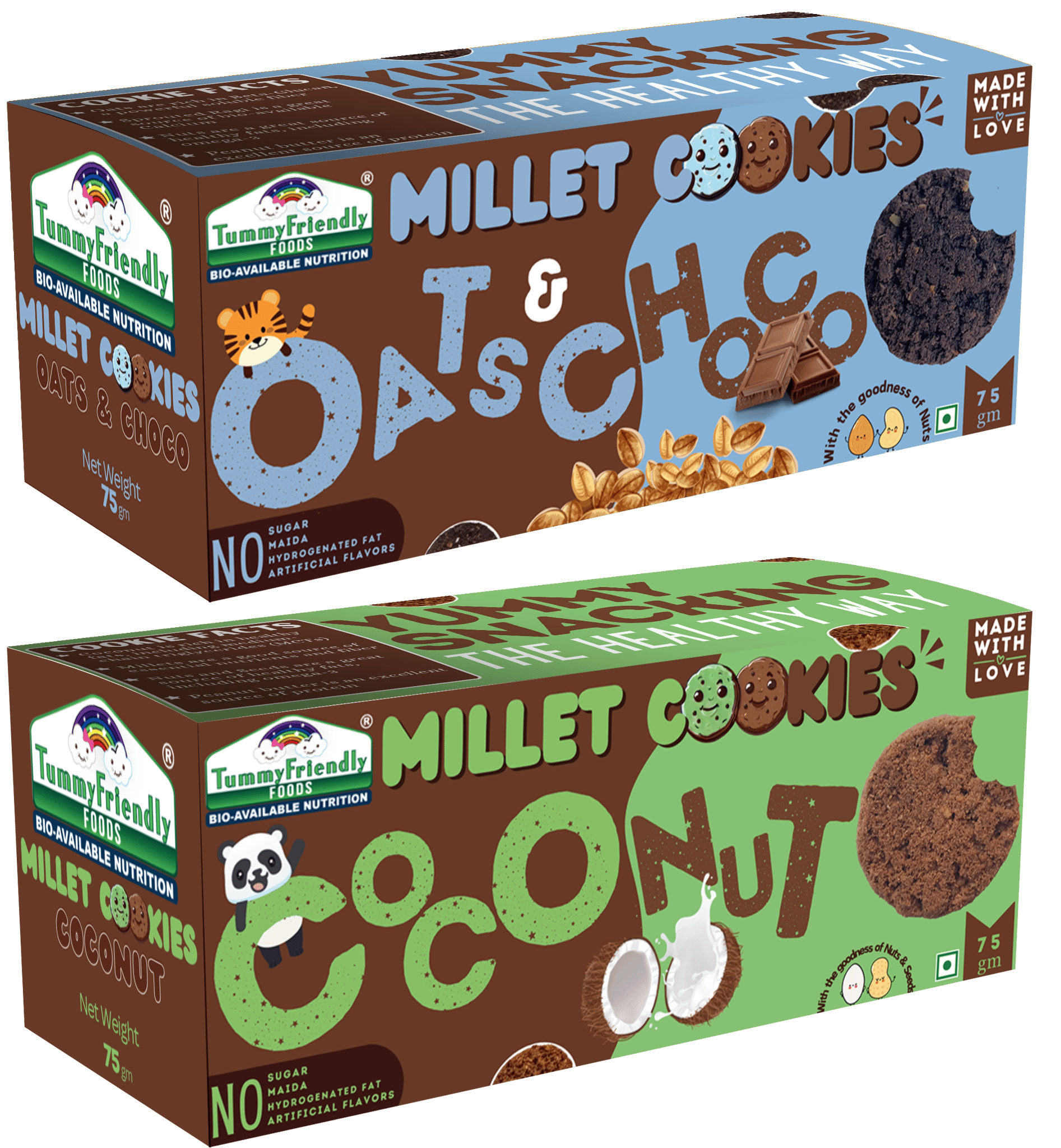 TummyFriendly Foods Millet Cookies - Coconut , OatsChoco - 75g each. Healthy Ragi Biscuits, snacks for Baby, Kids & Adults (Pack of 2)