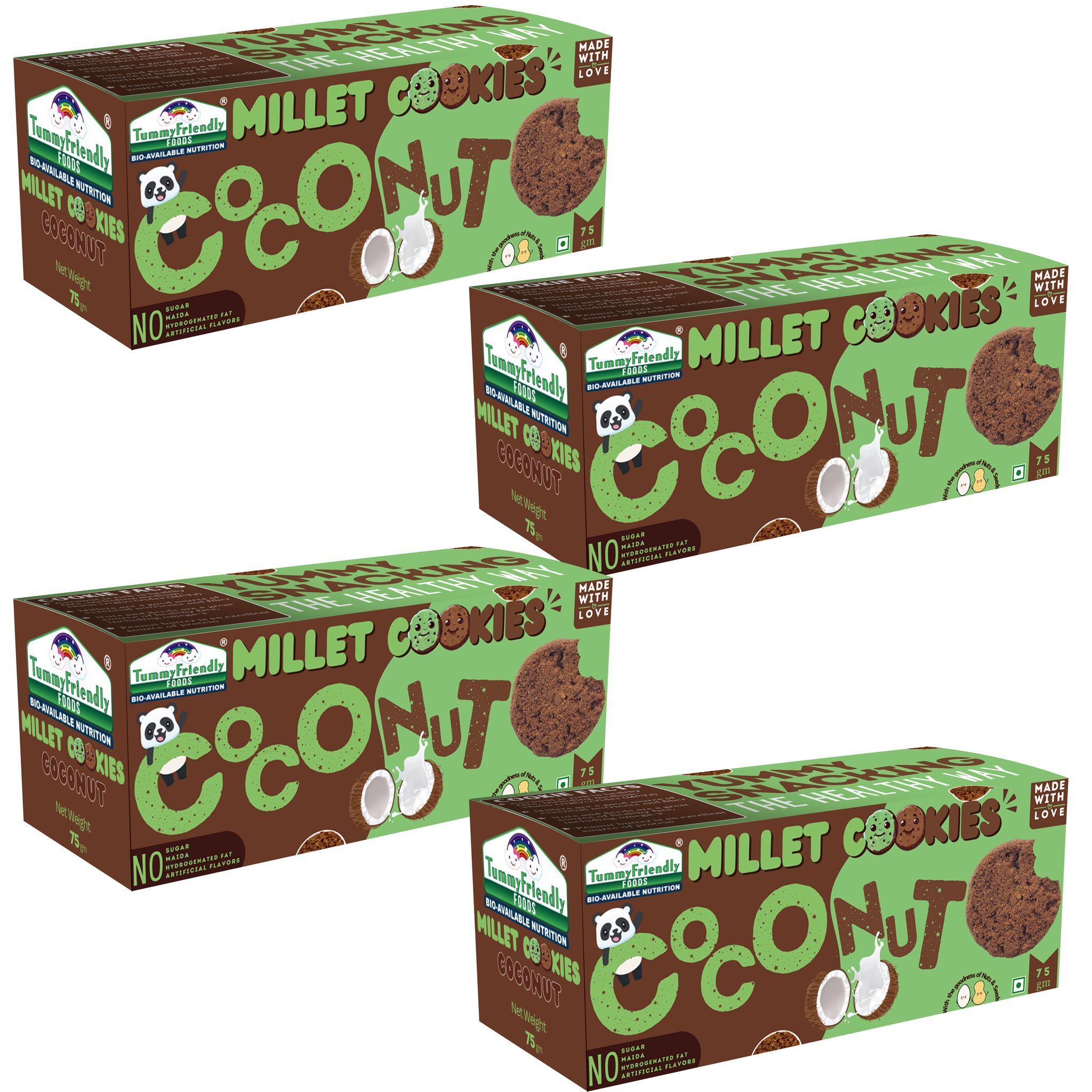 TummyFriendly Foods Millet Cookies - Coconut - (75 gms each). Healthy Ragi Biscuits, snacks for Baby, Kids & Adults (Pack of 4)