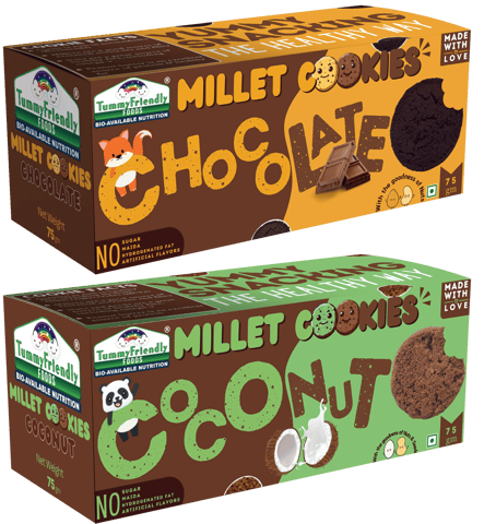 TummyFriendly Foods Millet Cookies - Chocolate, Coconut  - 75g each. Healthy Ragi Biscuits, snacks for Baby, Kids & Adults (Pack of 2)