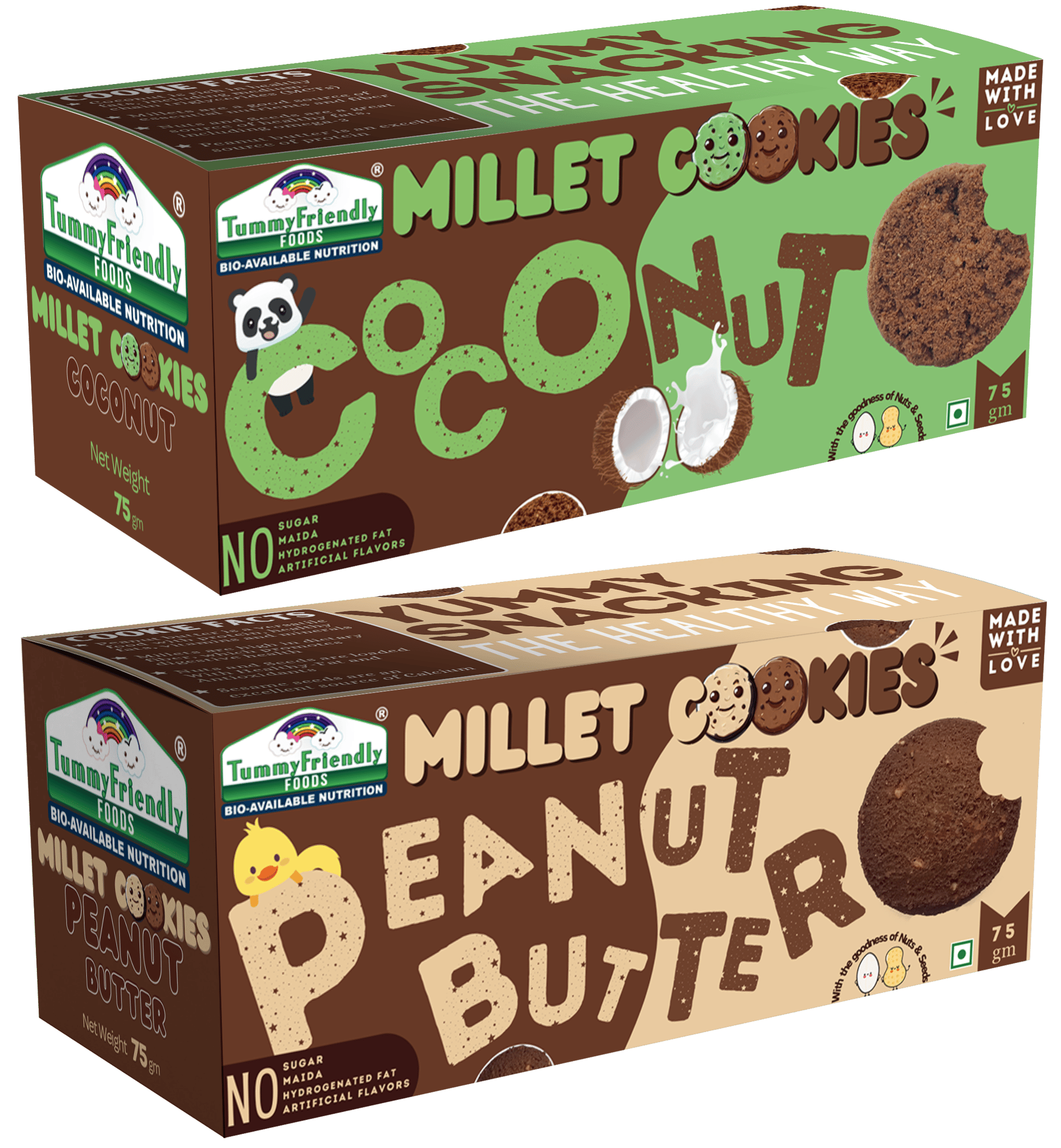 TummyFriendly Foods Millet Cookies - Coconut, Peanut Butter  - 75g each. Healthy Ragi Biscuits, snacks for Baby, Kids & Adults (Pack of 2)