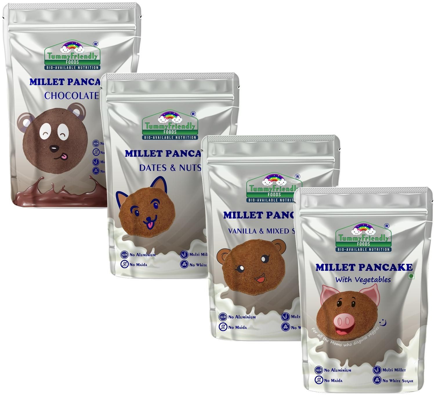 TummyFriendly Foods Aluminium-Free Millet Pancake Mixes Trial Packs with Chocolate, Nuts, Veggies 150 gms (Pack of 4)