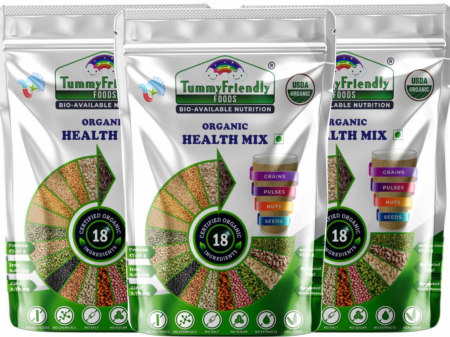 TummyFriendly Foods 100% Organic Health Mix for Kids and Adults. No Chemicals, No Pesticides, No GMO (Pack of 3)