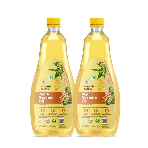 Organic Tattva, Organic Sesame Oil, 1 Litre | Unrefined Safed Til Ka Tel | Cholesterol and Tran Fat Free| 100% Organic | Pesticide and Chemical Free | Pure and Unadulterated | Double Filtered | Expeller-Pressed |(Pack of 2)