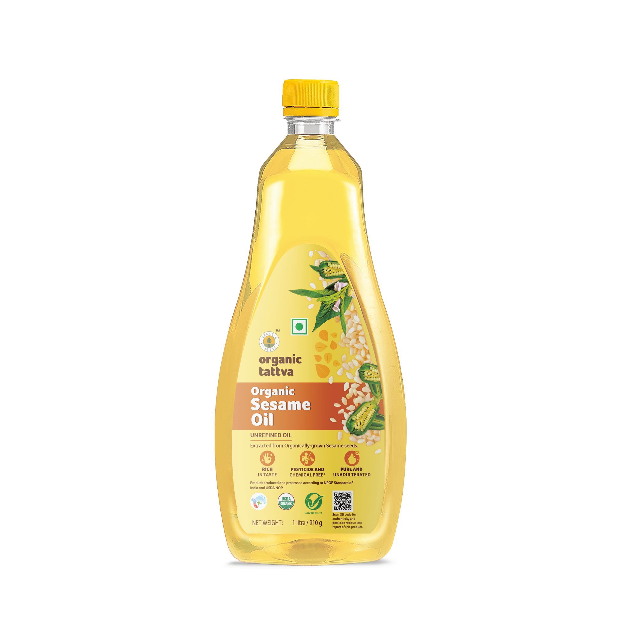 Organic Tattva, Organic Sesame Oil,  Unrefined Safed Til Ka Tel | Cholesterol and Tran Fat Free| 100% Organic | Pesticide and Chemical Free | Pure and Unadulterated | Double Filtered | Expeller-Pressed | (1 Litre)|