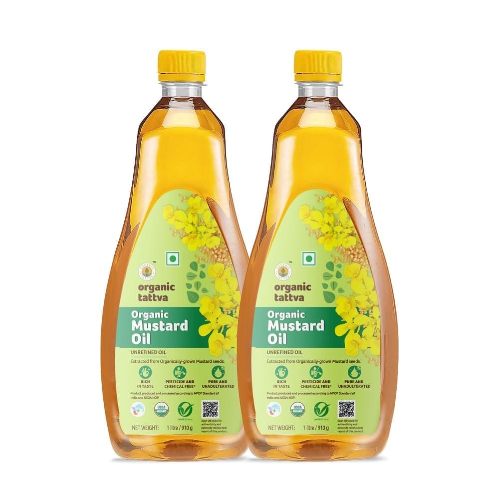 Organic Tattva, Organic Mustard/Sarso Unrefined Cooking Oil - 1 Litre (Pack of 2)