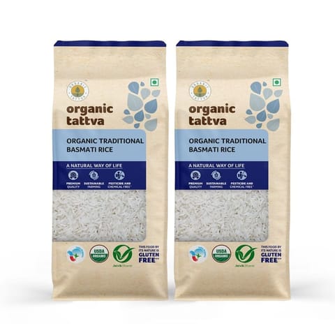 Organic Tattva, Organic Traditional Basmati Rice, 1 KG |Everyday Basmati Rice | Source of Protein| Naturally Gluten Free |Flavorful and Aromatic Rice | Pesticide and Chemical Free | (Pack of 2)